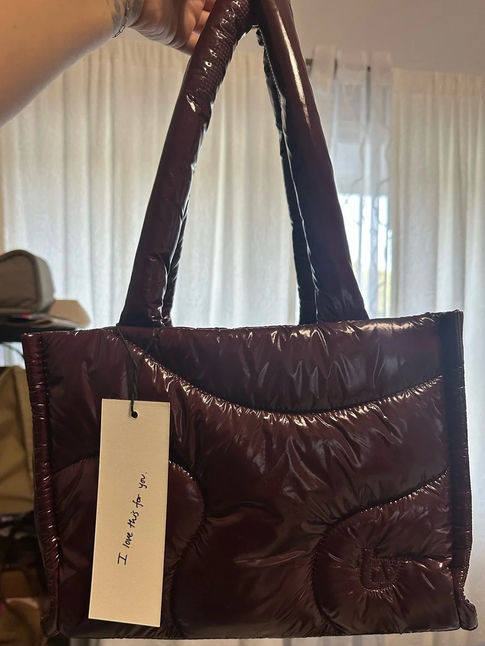 Quilted Puffer Tote Bag in black cherry